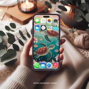 Artistic Sea Turtles Tropical Flowers For Phone Digital Wallpaper or print file for phone