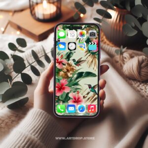 Pink Hibiscus Tropical Birds and Gold Digital Wallpaper or print file for phone
