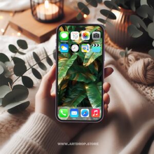 Tropical Garden Green and Gold Leaves Lush Design Digital Wallpaper or print file for phone