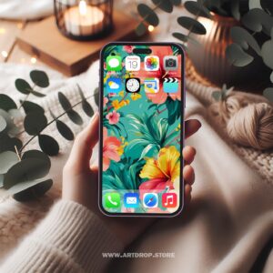Colorful Floral Design Green Background Art Digital Wallpaper or print file for phone