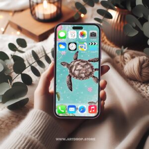 Turtle Flowers in the Sea Art Illustration Digital Wallpaper or print file for phone