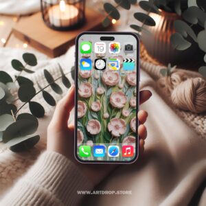 Pink Flowers With Green Leaves Painting for your phone Digital Wallpaper or print file for phone