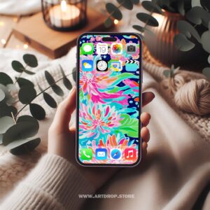 Vibrant Floral Pattern Design On Dark Blue Ground Digital Wallpaper or print file for phone