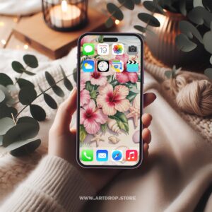 Hibiscus and Shells Beach Aesthetic Phone Background Digital Wallpaper or print file for phone