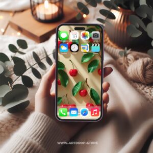 Ripe Cherries with Leaves Pattern Phone Wallpaper Digital Wallpaper or print file for phone
