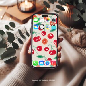 Cherries and Green Leaves on White background Digital Wallpaper or print file for phone