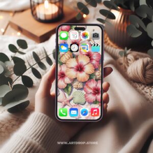 Tropical Hibiscus Flowers Seashells Phone Background Digital Wallpaper or print file for phone