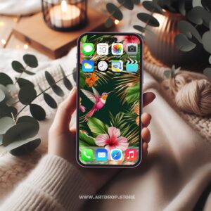 Tropical Hibiscus with Hummingbird Art Digital Wallpaper or print file for phone