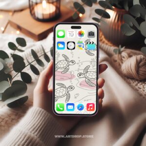 Cute Turtles Underwater Sea Life Drawing Art Digital Wallpaper or print file for phone